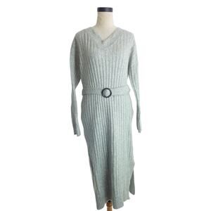 Tahari Rib Knit belted Dress Light Gray Size M